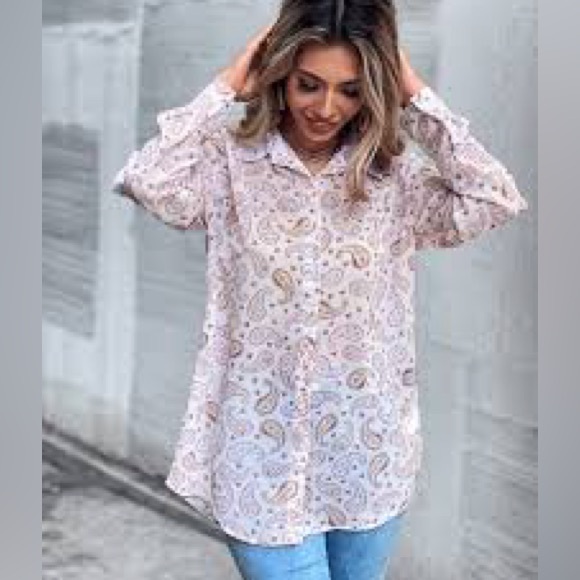 Zara pale pink paisley print blouse long sleeves size Medium, oversized - Picture 1 of 10